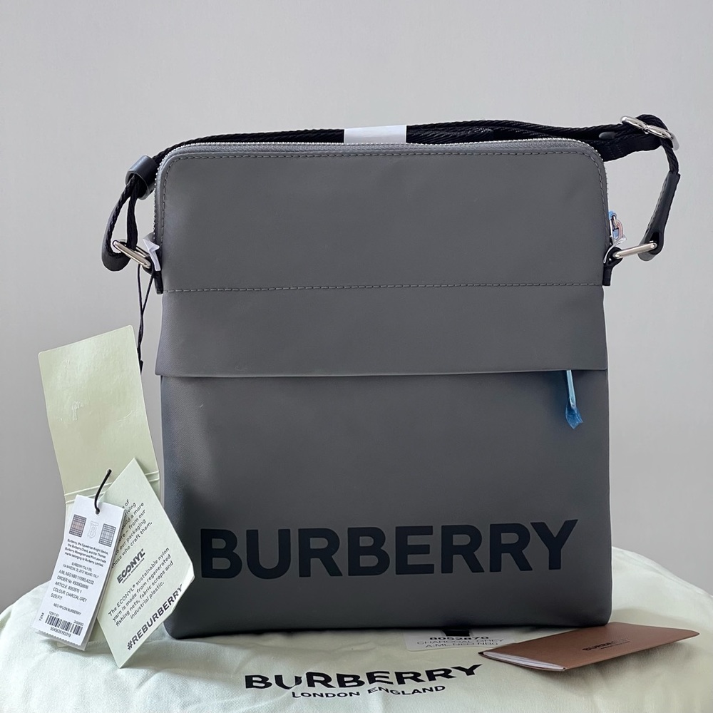 Burberry Logo Print Nylon Crossbody in Charcoal Grey